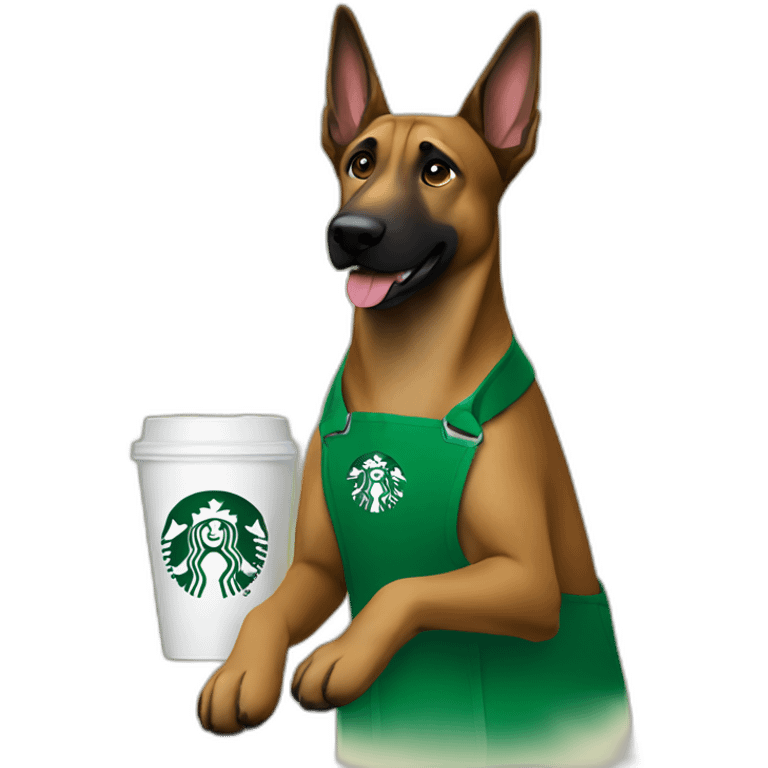 Malinois dog working at Starbucks with green apron emoji