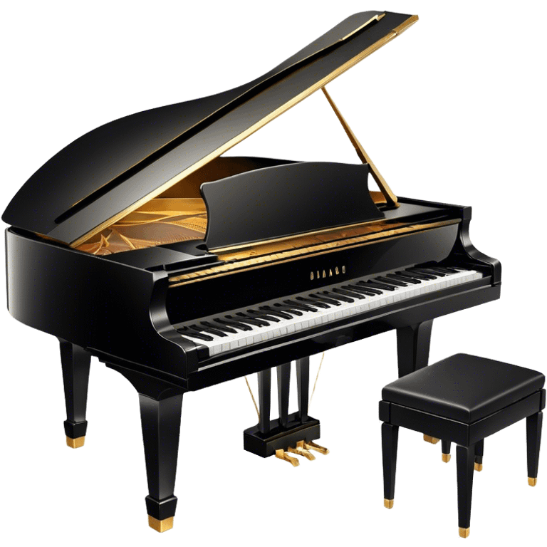 Cinematic Realistic Piano, glossy black grand piano with elegantly curved edges, pristine white and black keys, soft golden light reflecting off its polished surface, faint reflections of a musician’s hands, glowing with refined elegance and musical depth. emoji