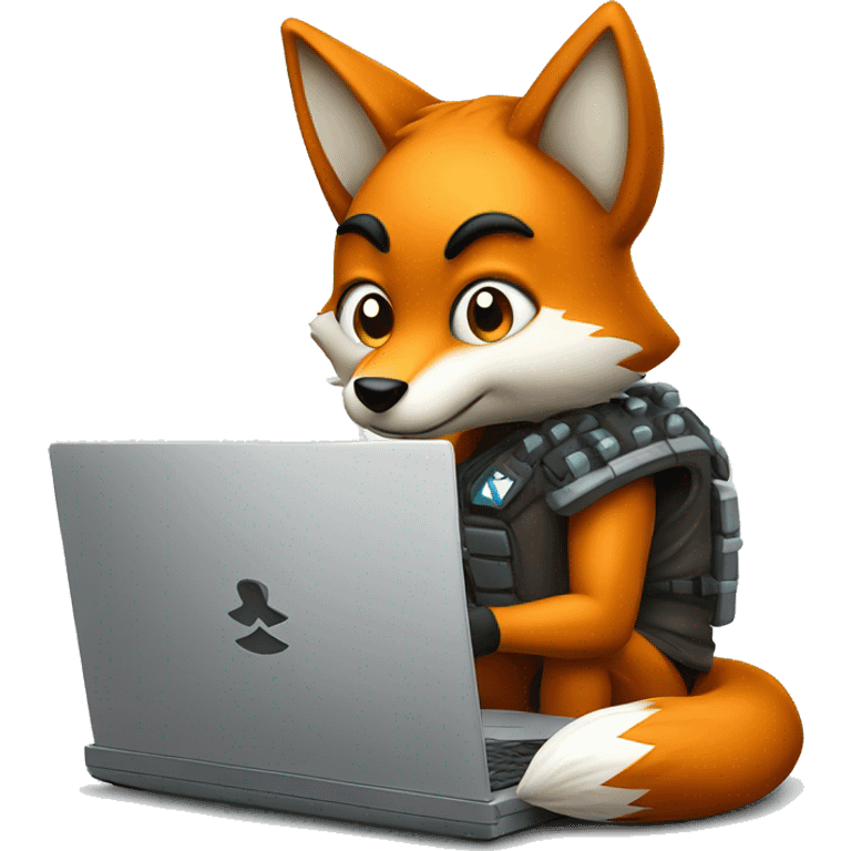 Game team mascot fox struggling to code on laptop emoji