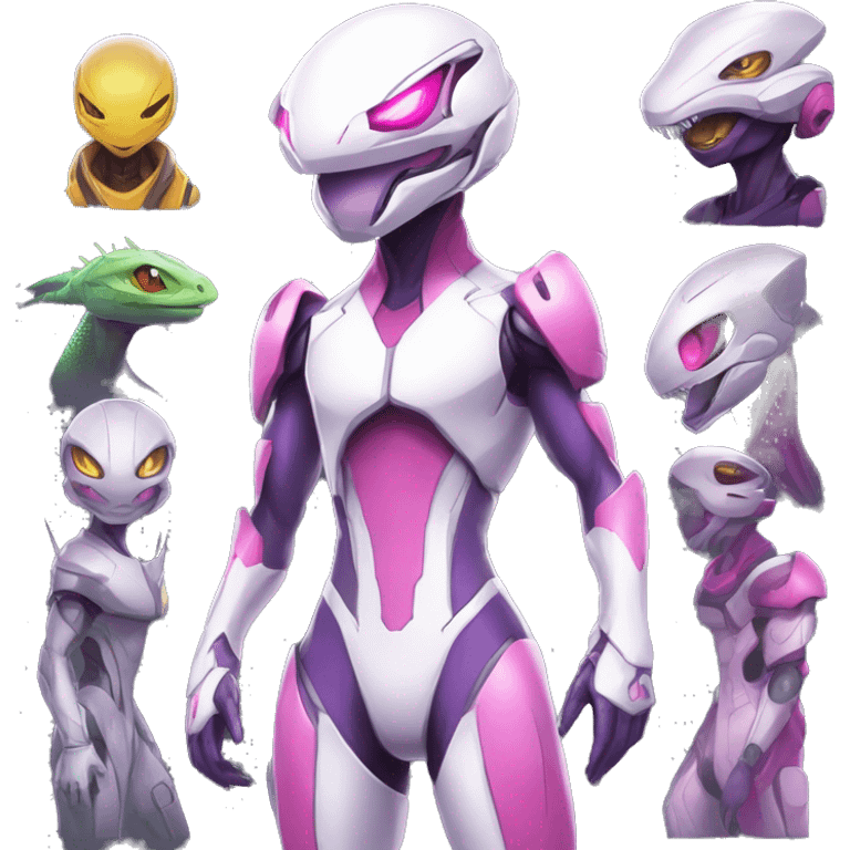 White body, Anthro-Sona-Lizard-Alien-Genesect-Mewtwo-Fakémon, with pink eyes, with a futuristic visor-helmet, wearing a techwear-suit, Full Body emoji