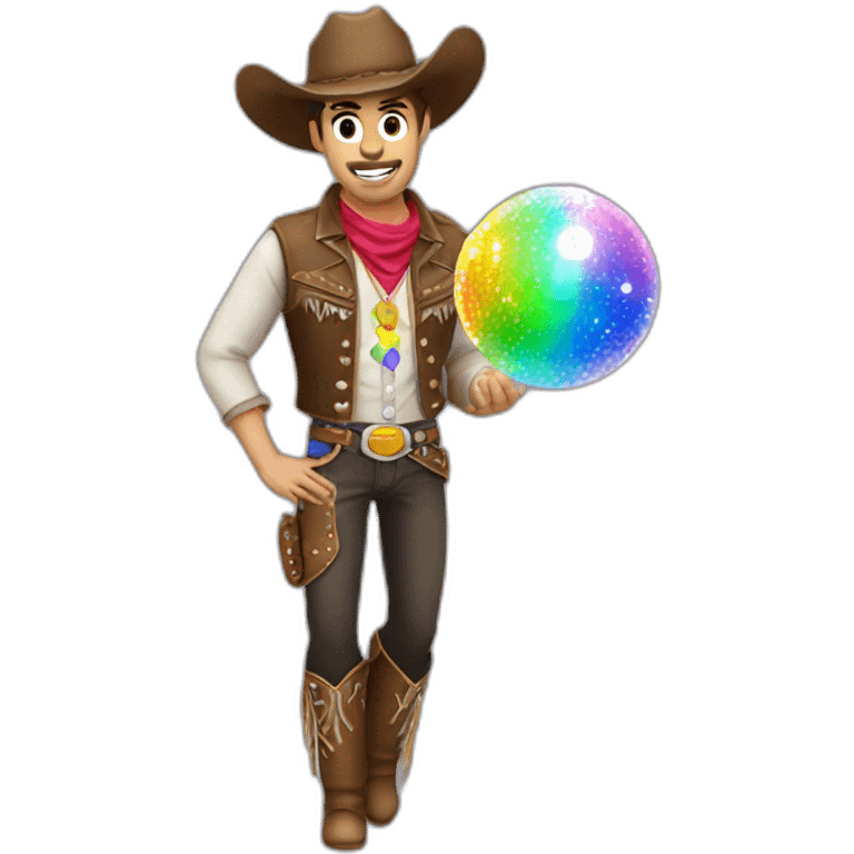 extremely gay cowboy with glitterball. full body with a rainbow badge emoji