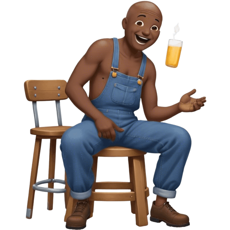 Side view Laughing telling story Old bald black man sitting on stool wearing overalls no shirt emoji