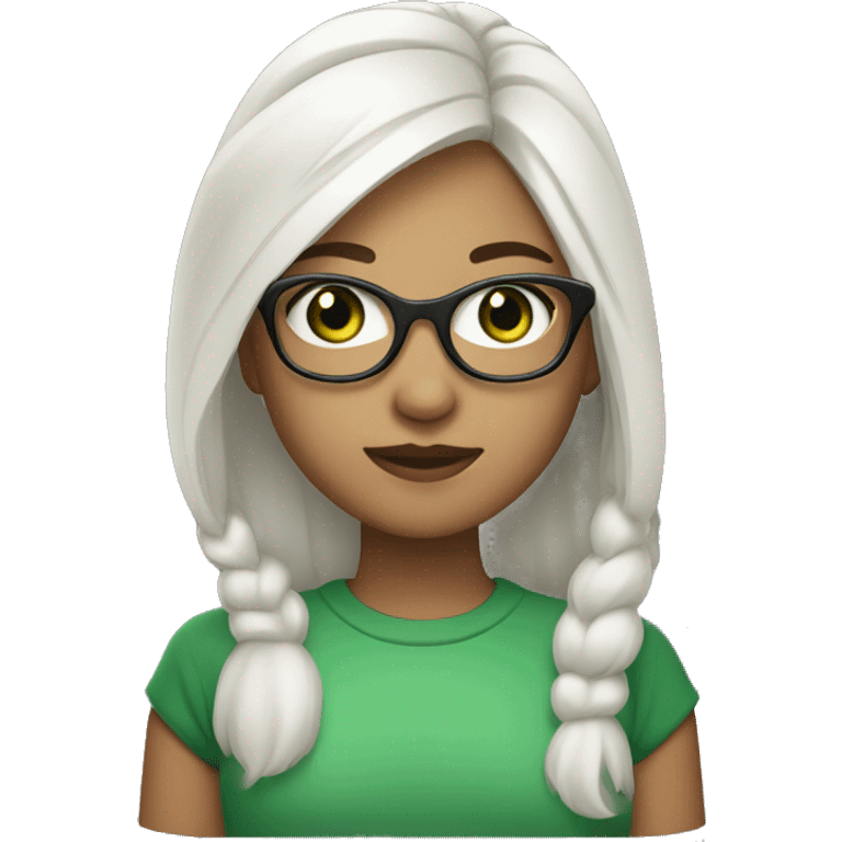 Girl with silver glasses, green eyes, shoulder light hair left side being white and right side being black emoji