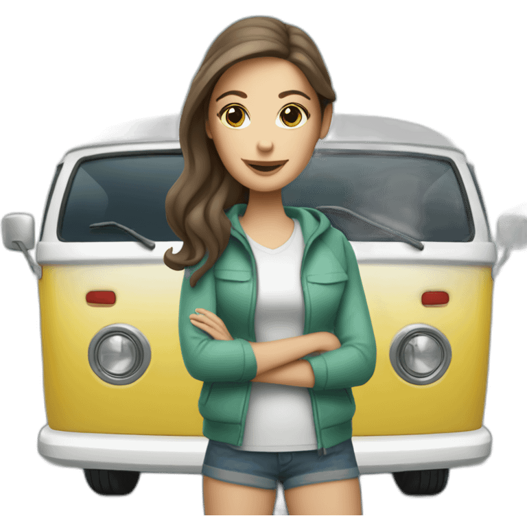 Hip white brunette woman with a sporty camper van emoji