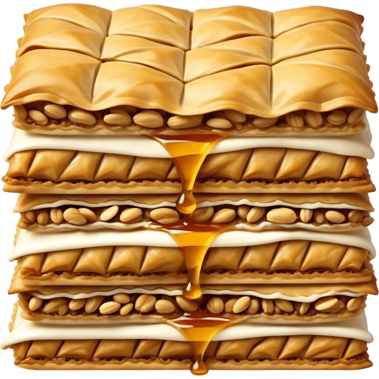 Cinematic Realistic Baklava Dessert Emoji, depicted as layers of flaky pastry with honey and nuts rendered with rich textures and warm, inviting lighting. emoji