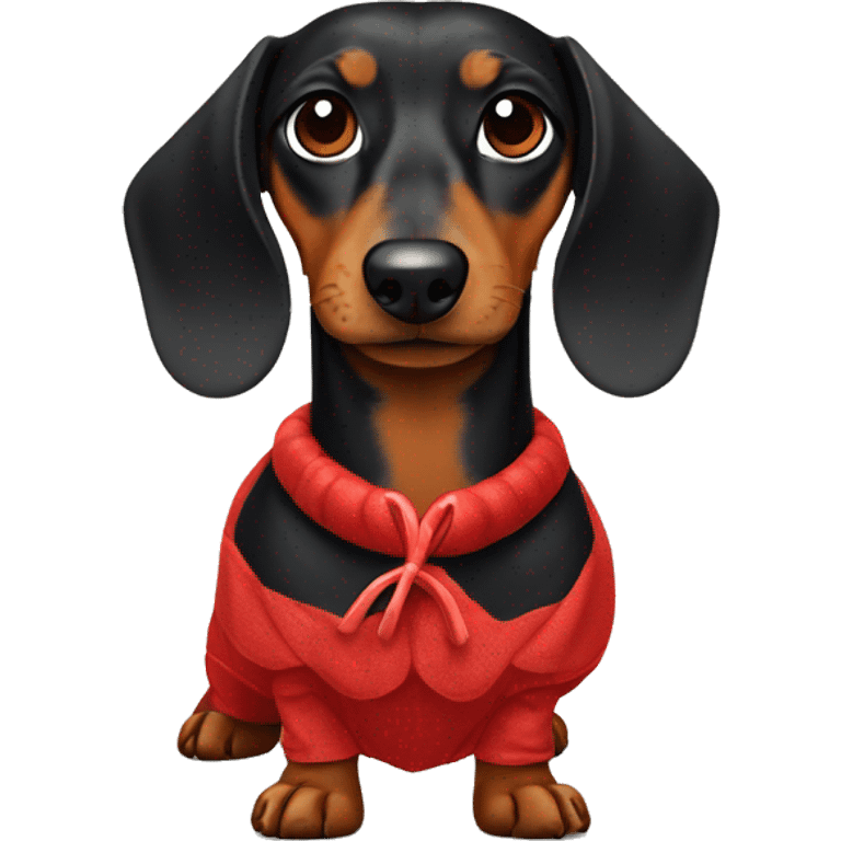 black and tan dachshund wearing a fabric lobster costume emoji