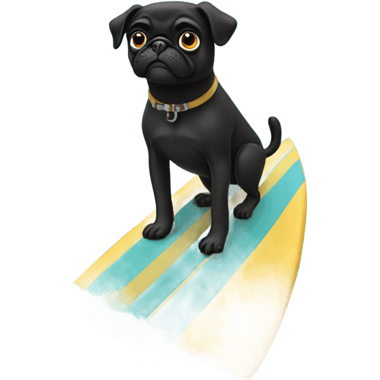 Black pug surfing in the ocean emoji