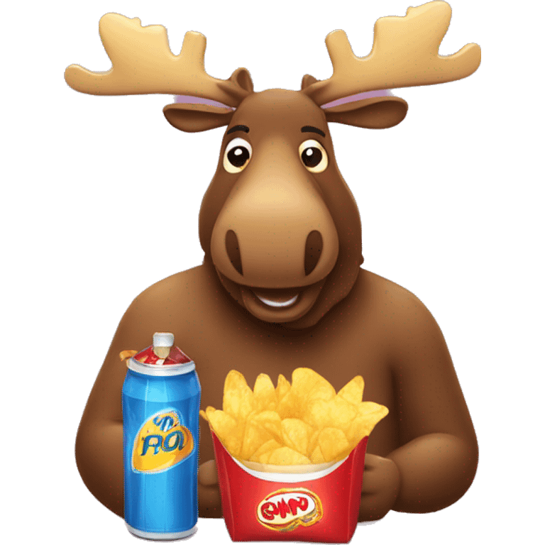 A moose with a bag of chips and a bottle of pop emoji