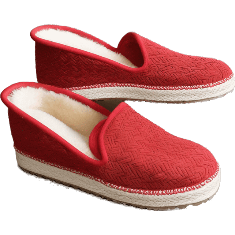 Camel colored low cut slip-on slippers. Very thin red woven zig-zag trim on the cuff. a red small heel pull tab, and a thick platform sole. UGG” emoji