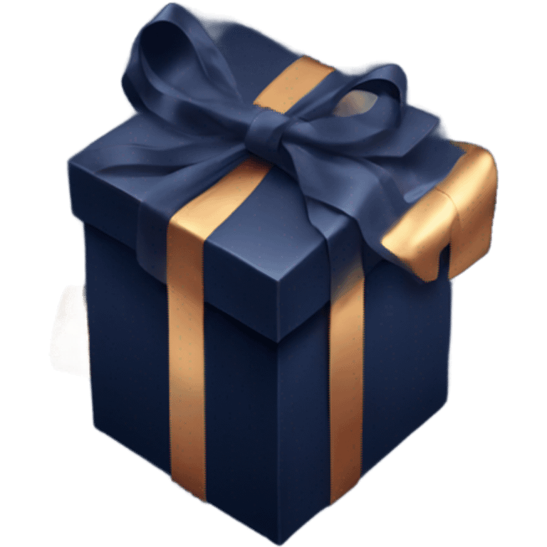 Enormous dark navy present box with bronze ribbon sparkles around  emoji