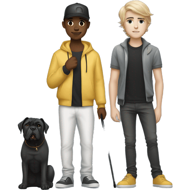 young white boy with justin beiber hairstyle standing alongside a black cane-corso emoji