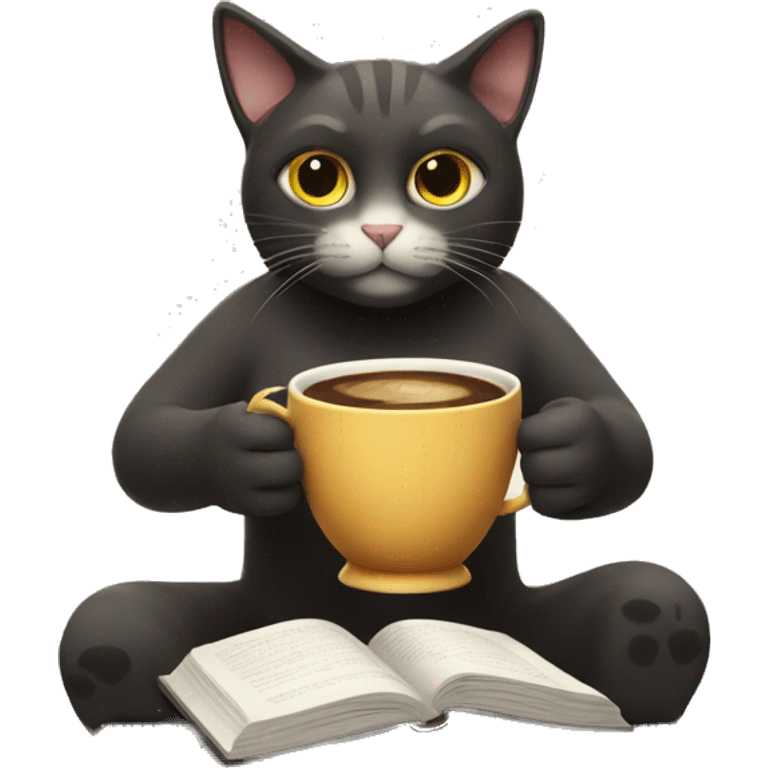 cat holding a cup of coffee and reading a book emoji