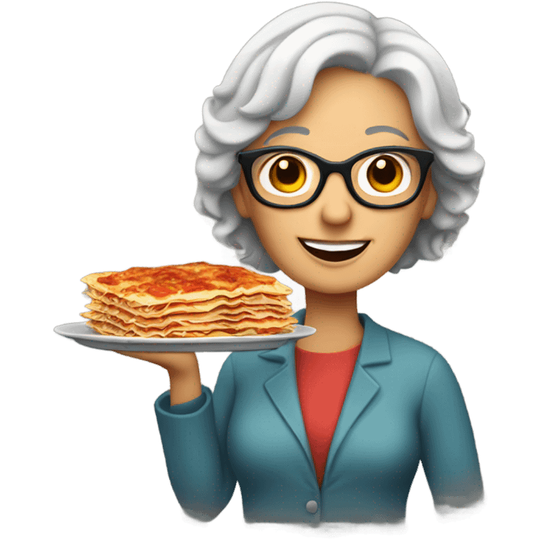 Lady with gray hair and glasses holding lasagna emoji