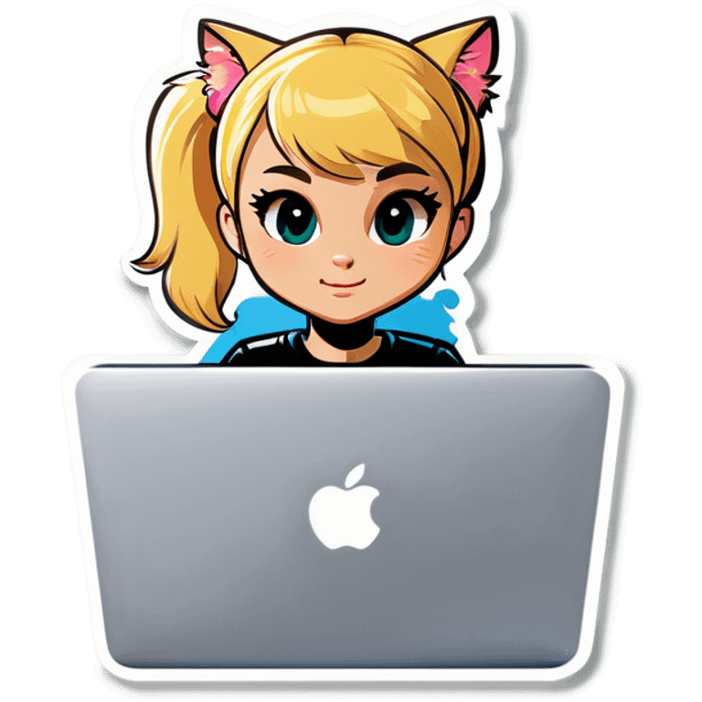 Blonde girl ponytail macBook and a cat emoji