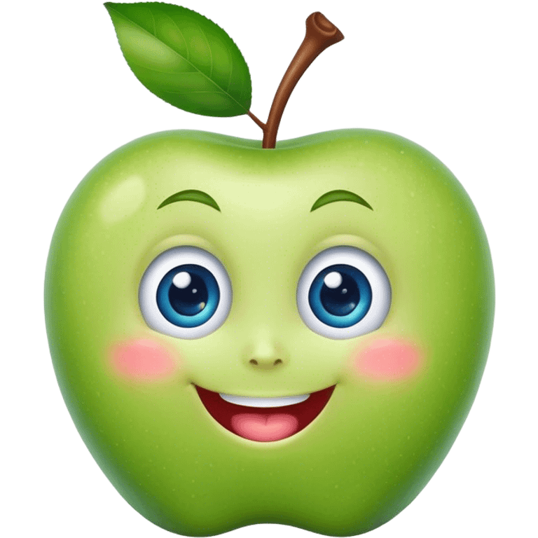 A cute green apple with a big smile and blue expressive big eyes emoji