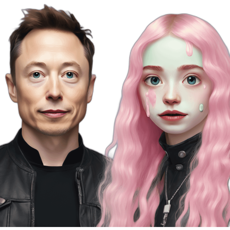 Grimes with milk slime on face, elon musk smirking, duo emoji