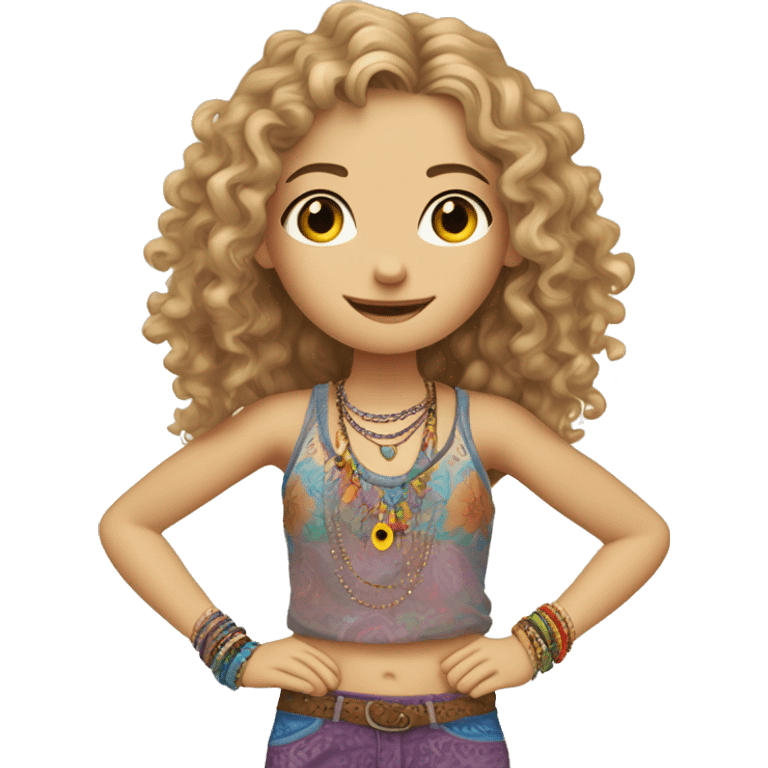 Caucasian hippie girl with curly dirty blonde hair, hazel eyes, baggy colorful pants and a tank top, lots of bohemian bracelets and jewelry emoji