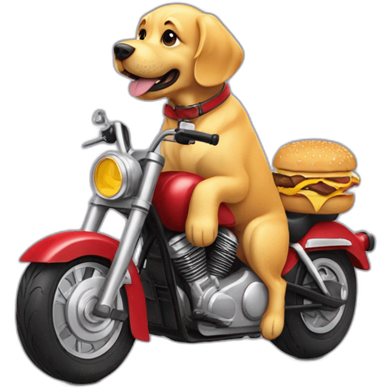 golden retriever eating a cheeseburger on a motorcycle emoji