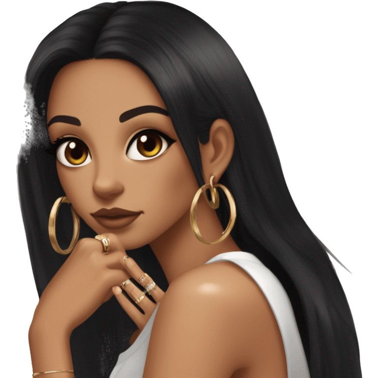 Glamorous, streetwear, black hair, long straight hair, olive skin, brown almond eyes, winged eyeliner with big lashes, wearing hooped earrings, rings and bracelets, almond fake nails emoji