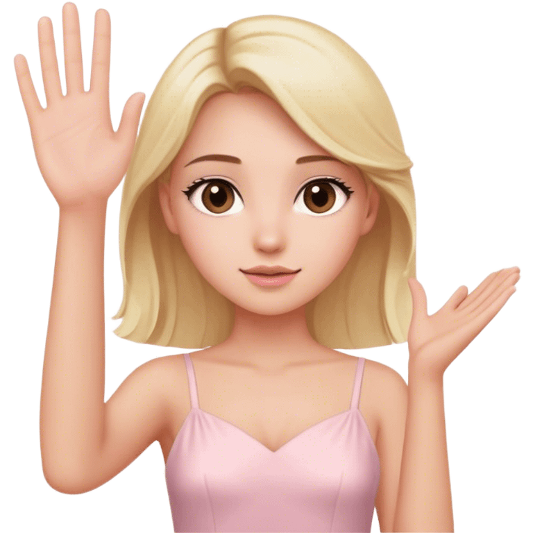 Pretty Blonde model, brown eyes, light pink dress, raising hand emoji