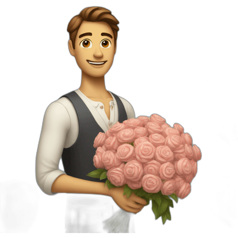 A man in evening dress, with a huge bouquet of flowers in his hands, and in the background a  heart emoji