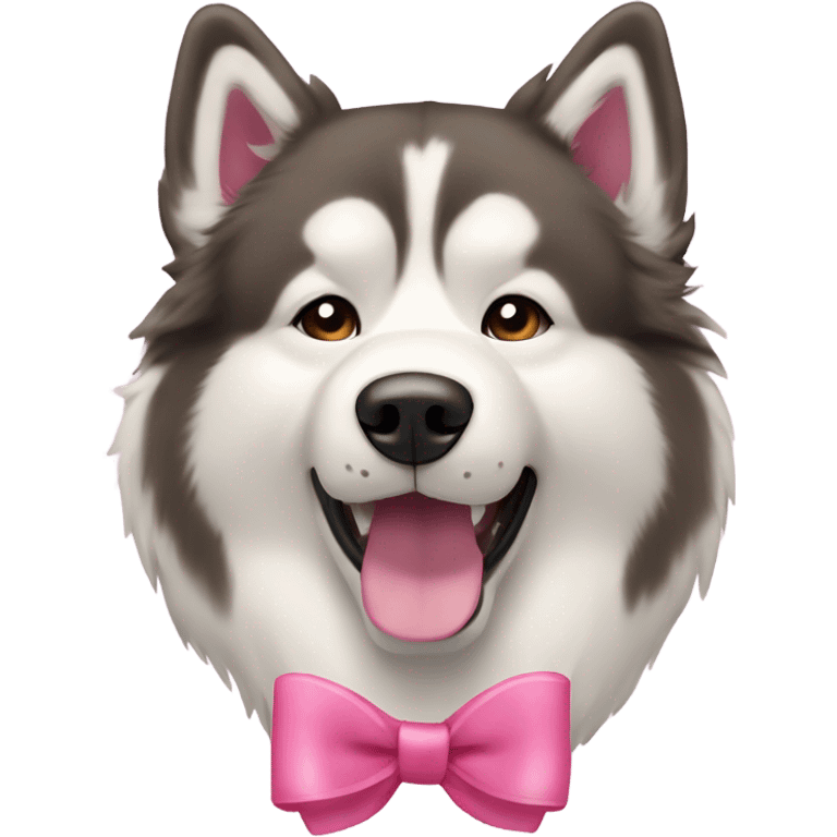 Red and white colored Alaskan Malamute dog with a pink bow emoji