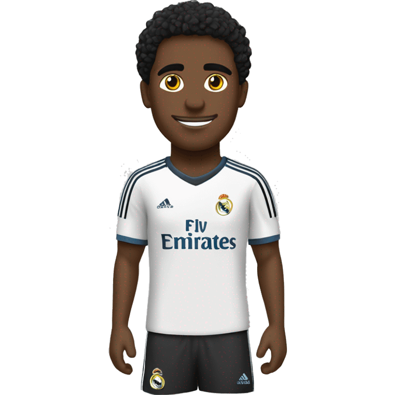 Jugador de fútbol negro con camiseta del Real Madrid, pelo negro y rizado. emoji