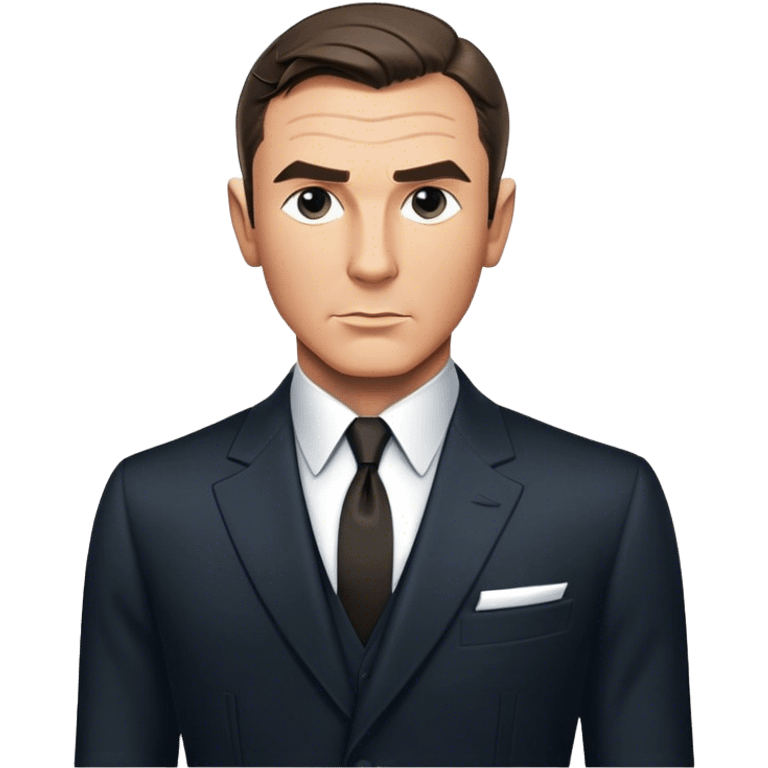 Cinematic Realistic James Bond Portrait Emoji, depicted as a suave, sophisticated secret agent in a tailored suit with a cool, composed gaze and an air of stealth and charm, rendered with crisp textures and dynamic cinematic lighting that captures his timeless espionage allure. emoji