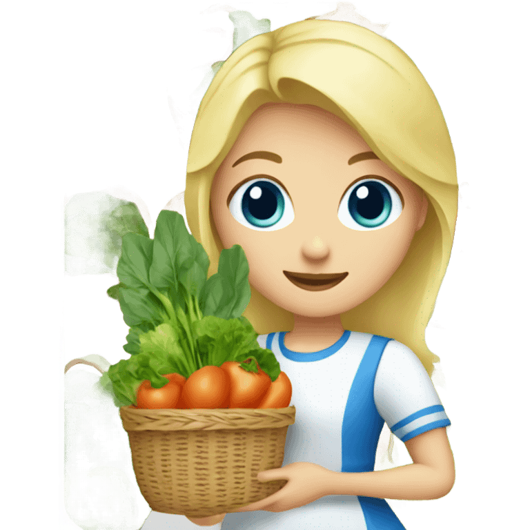 Blonde girl with blue eyes wearing a dress carrying baskets of vegetables and greens emoji