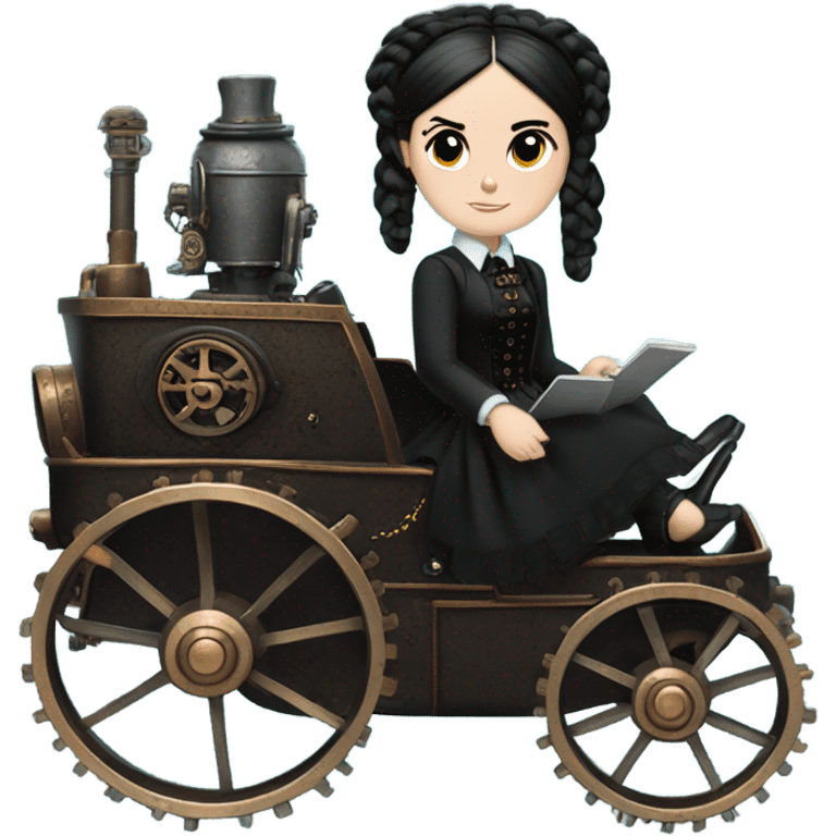 Wednesday Addams riding in a bright steampunk electric wagon emoji