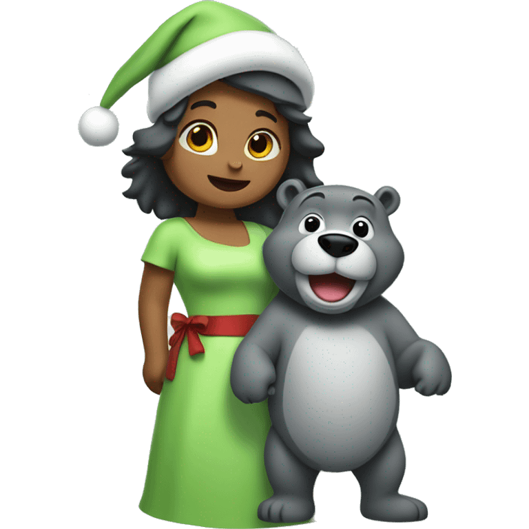 Santa wearing light green dress and hat holding a baloo emoji