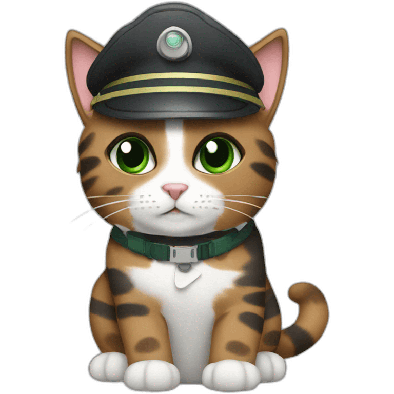 full brown and grey calico cat with green eyes dressed as a pilot emoji