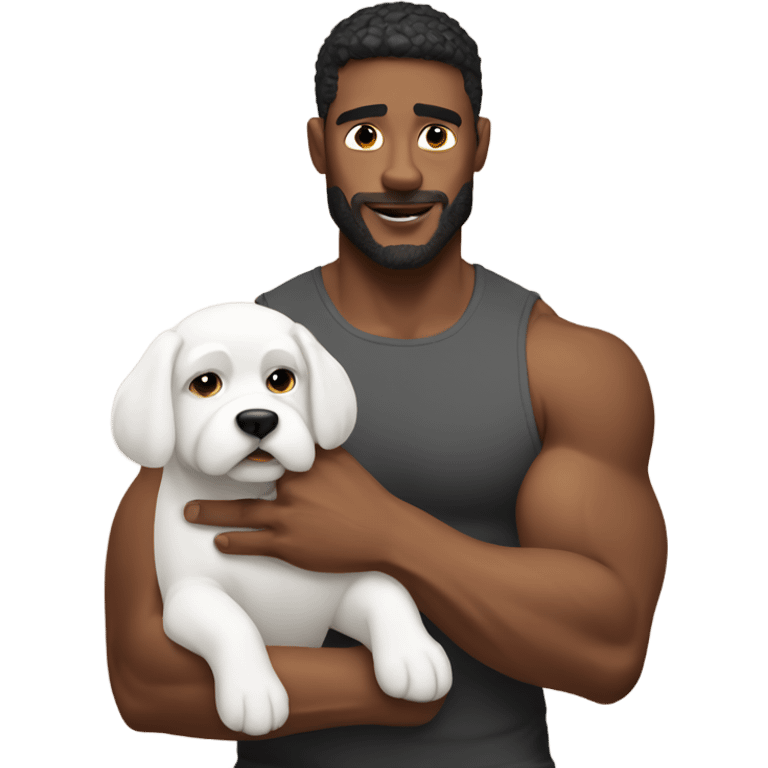 Muscly guy holding small white dog emoji