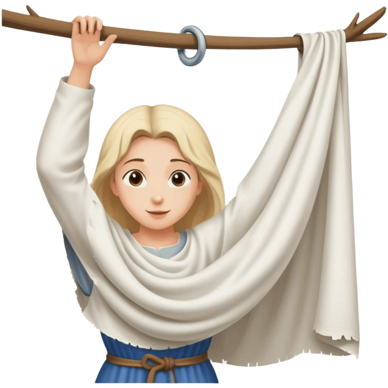 young washerwoman hanging large white cloth spread out, age medieval emoji