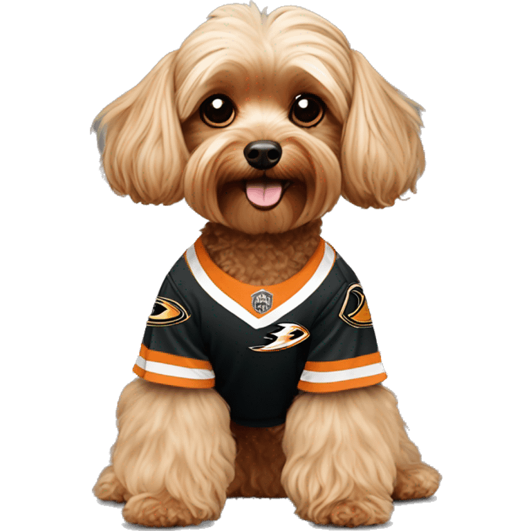 Yorkie-poodle wearing an Anaheim ducks jersey emoji