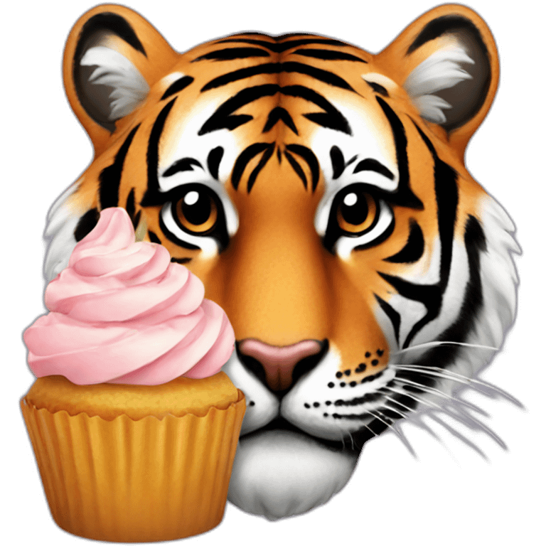 a tiger with a cupcake on its head emoji