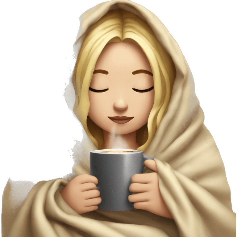 girl inside a blanket sipping coffee eyes closed blonde emoji