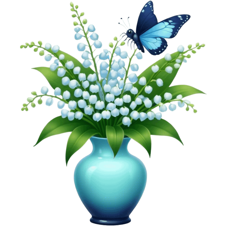 Aesthetic butterfly with blue light and navy wings sitting on a dark green bouquet of lily of the valley in a pastel blue vase emoji