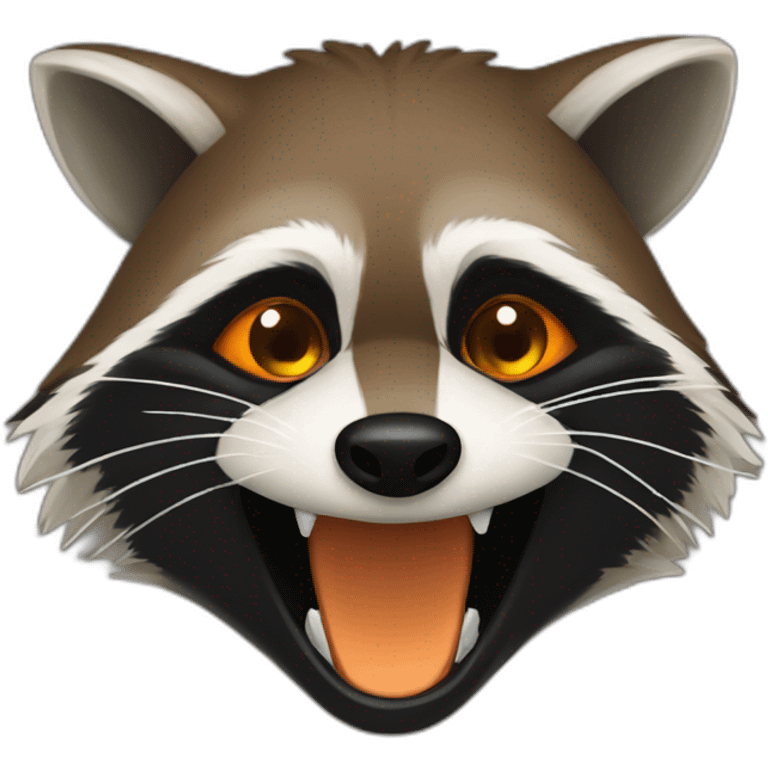 brown raccoon with orange eyes and a dark green hood that is laughing emoji