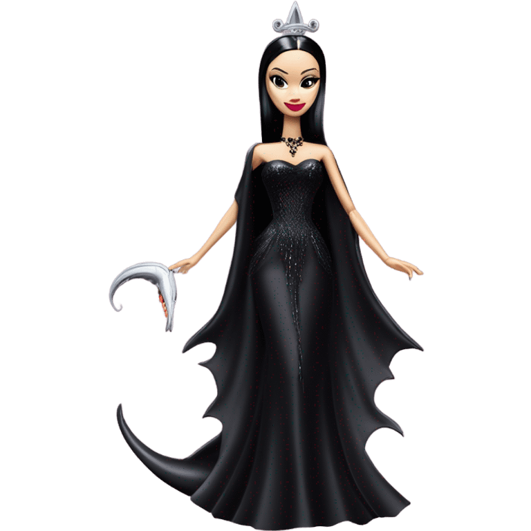 Victorian evening dressed, Teen Morticia Addams Barbie Jedi wearing a mini tiara, riding on the back of a very large black shiny evil-looking fire-spewing horned dragon emoji