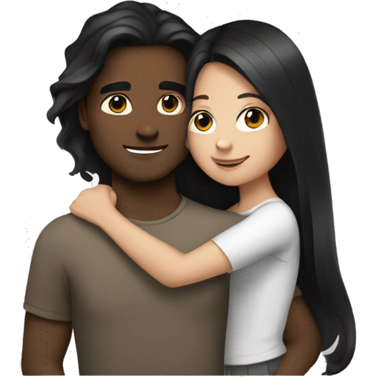 medium skin, Black long hair girl hugging with a fair white skin man with brown hair on top emoji