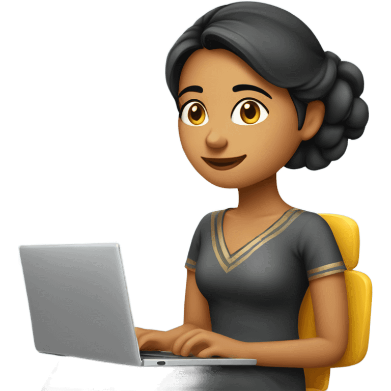 sweet indian girl who is in her 30s and approachable and happy sitting on a comfy chair working on a laptop emoji