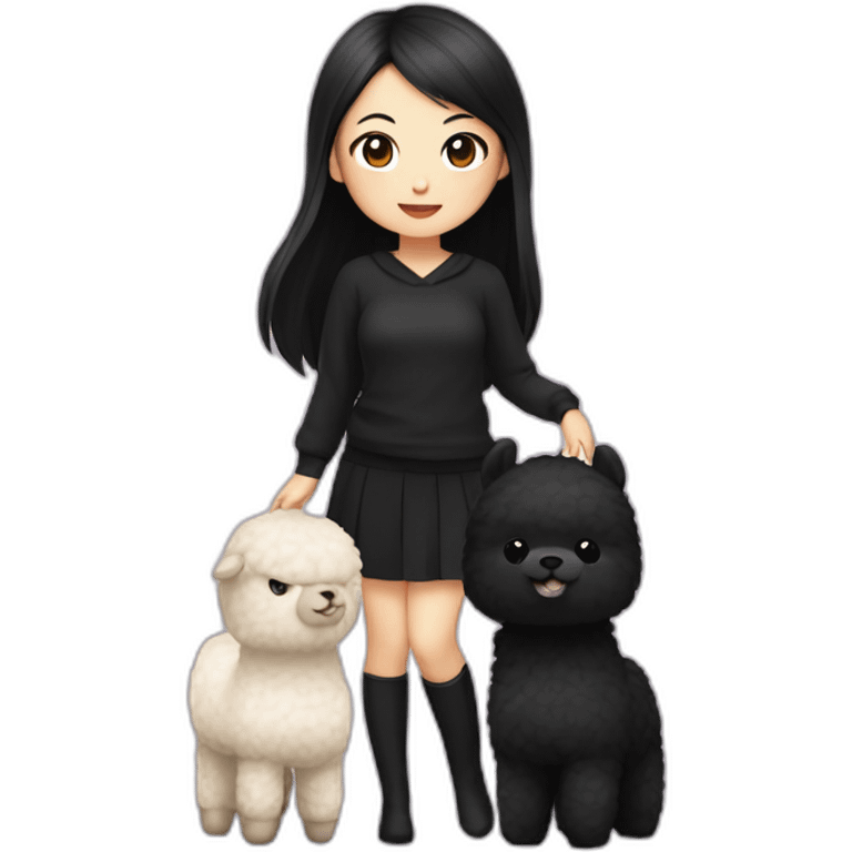 cute asian girl with black hair with black clothes holding an alpaca emoji