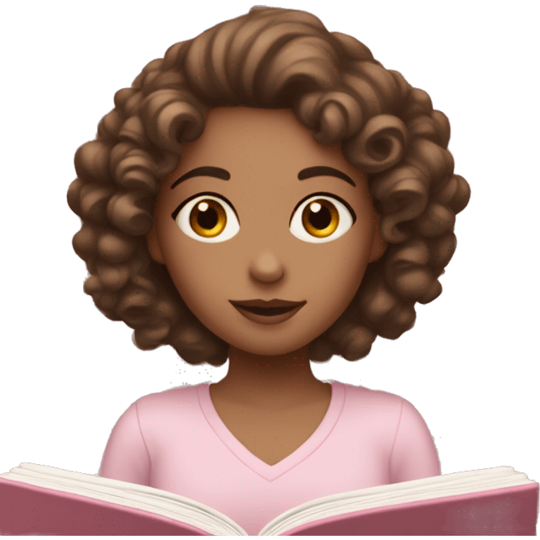 Girl with brown curls and white skin in light pink clothes reading a book emoji