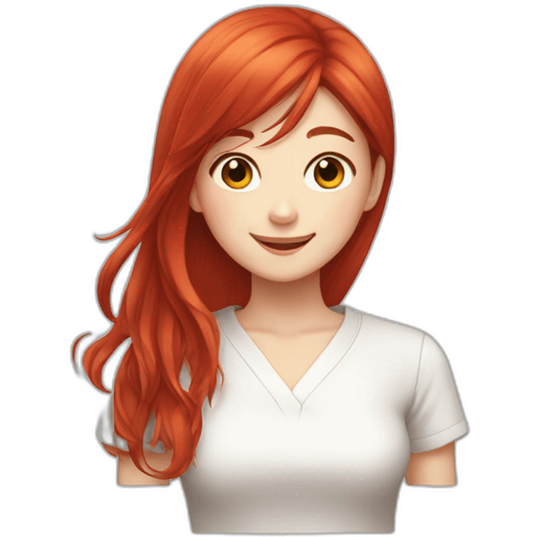 Girl, Japanese girl, long red hair, white shirt, happy face emoji