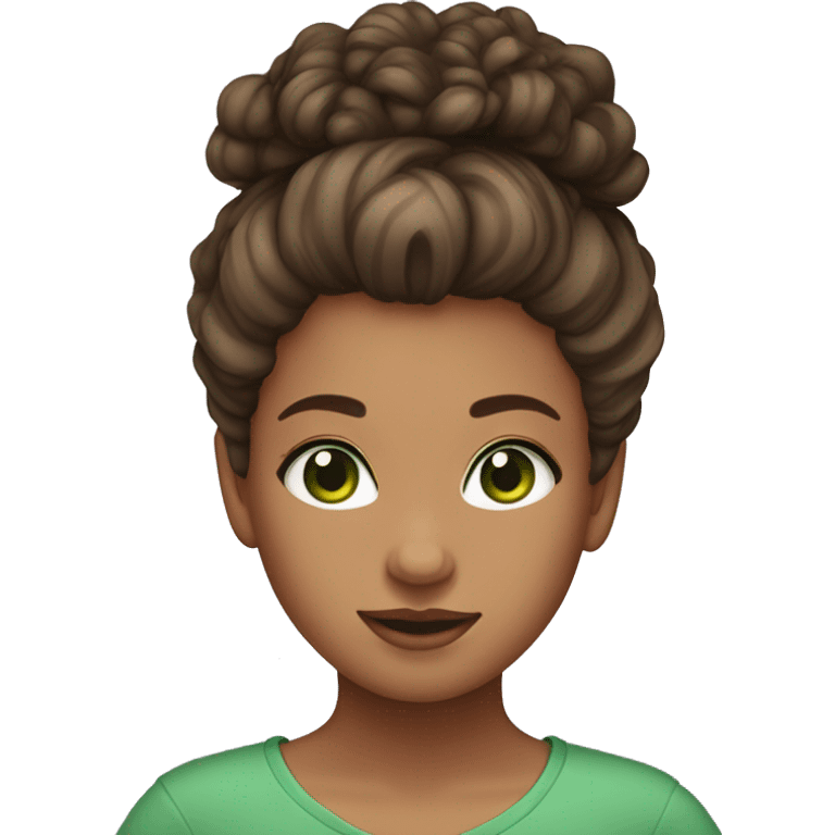 girl with curly brown hair, topknot, green eyes emoji