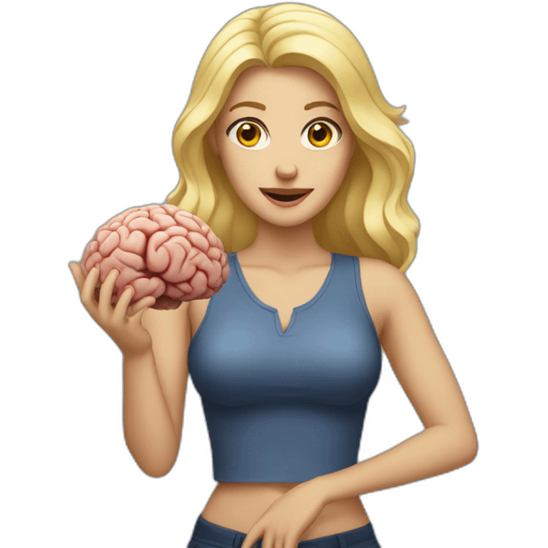 blonde woman holding a brain in her hands emoji