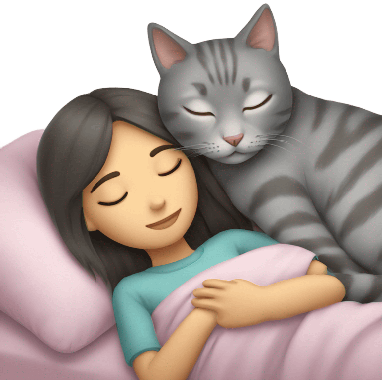 Gray cat sleeping with girl emoji