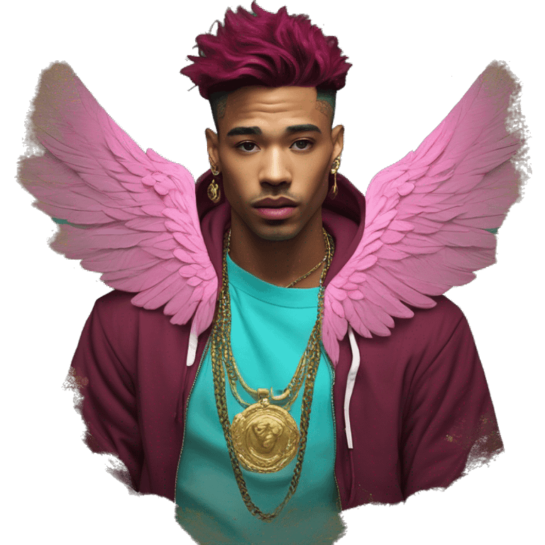 Vintage patina intricate swirls gold jewellery baroque raven wings angel tropical Deep pink maroon burgundy cyan dark hoodie man vitiligo dyed hair gold piercings nose piercing ear piercings emoji