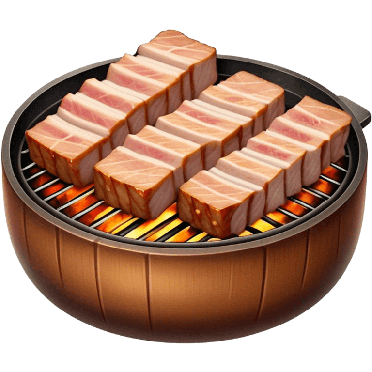 Cinematic Realistic Samgyeopsal Dish Emoji, depicted with sizzling, thick slices of pork belly grilled to perfection rendered with rich textures and warm, inviting lighting. emoji